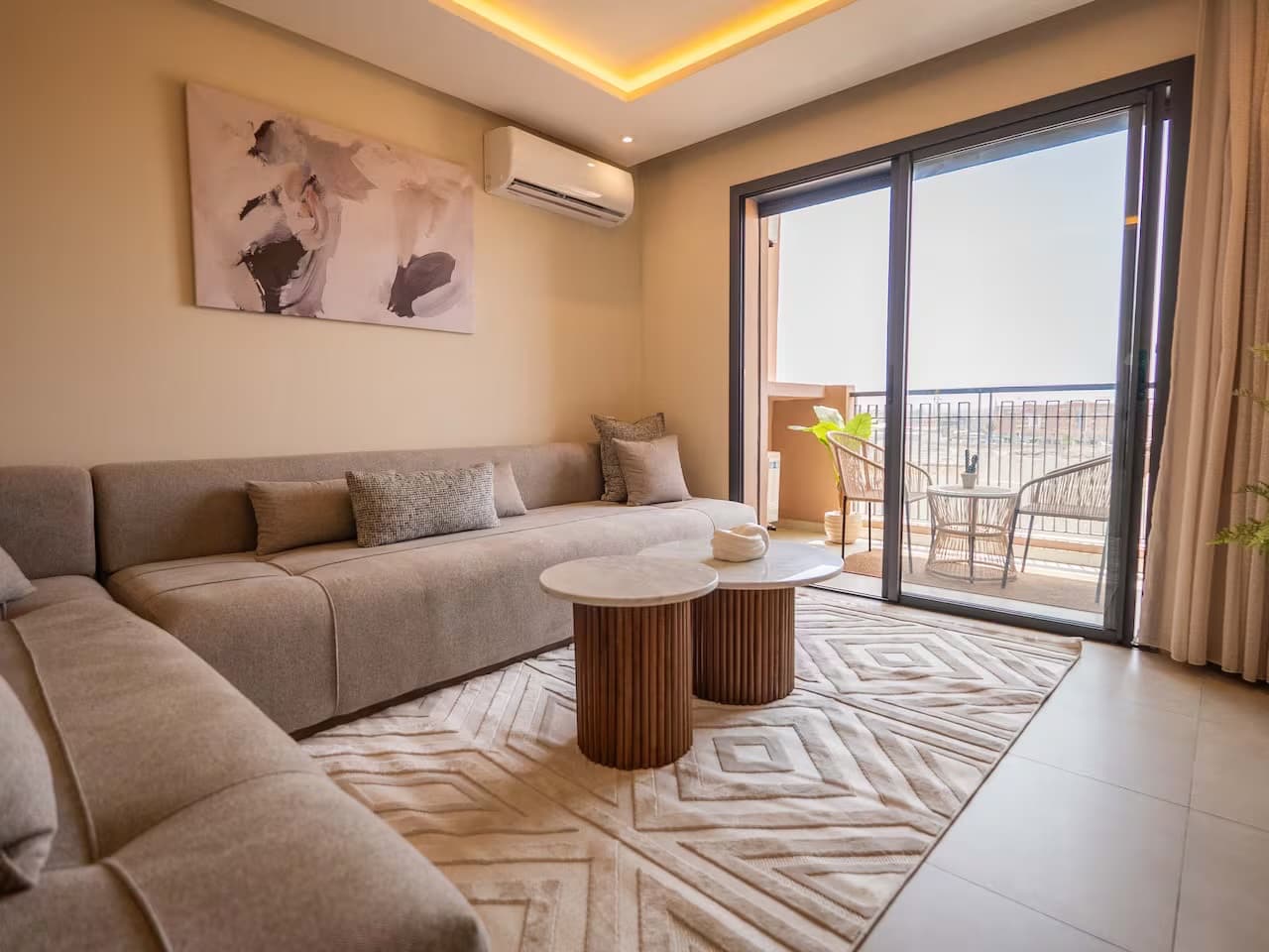Living room opening onto the terrace of a Marrakech apartment